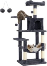 Feandrea Rascador para Gatos 143 cm – Árbol Multinivel con Cueva, Hamaca, Plataformas y Pompones, Gris Ahumado