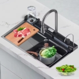 Fregadero de Cocina de Cascada con Grifería Digital y Dispensador de Jabón 75x46cm – Acero Inoxidable